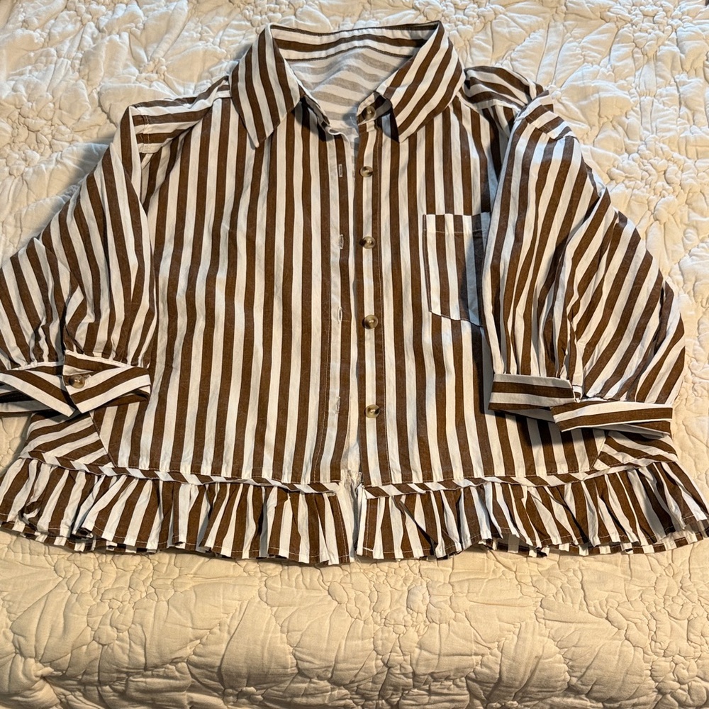 Amazon Brown and White Striped Button Down Shirt